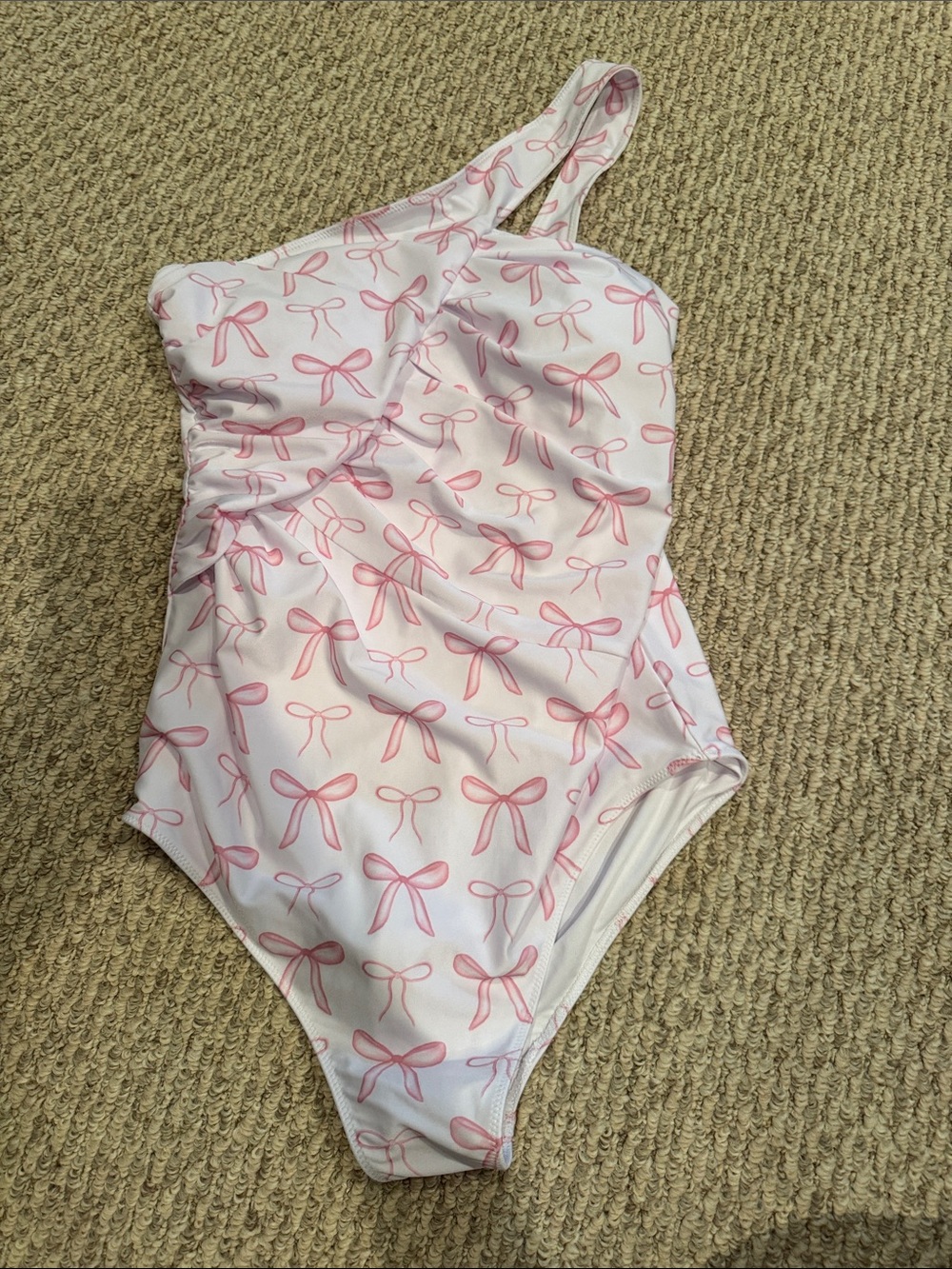One-Shoulder Pink Bow Print One-Piece Swimsuit